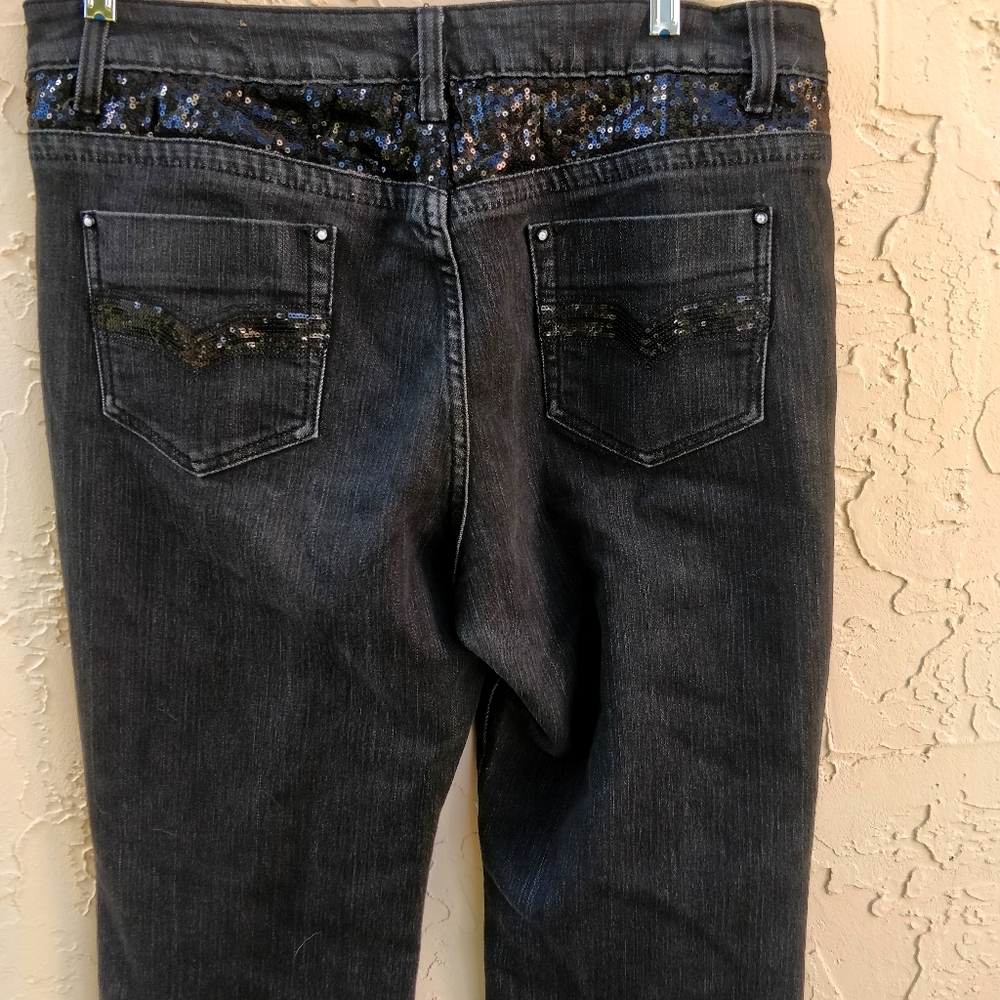 Black sequined straight leg denim jeans